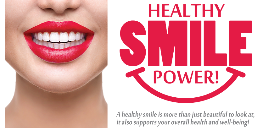 The image displays a graphic with text and a split photo of a person s face, featuring a mouth with red lipstick. The top half shows a close-up of the lips with the text  HEALTHY SMILE POWER  in bold white letters. The bottom half features a wider view of the same person s face with the text  SMILES ARE FREE  and  POWERFUL  in smaller white font, and below that, there is a red logo with the words  Smile Power.