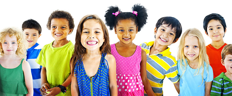 The image displays a diverse group of children with varying skin tones, hair colors, and styles, all smiling and looking directly at the camera, against a white background.