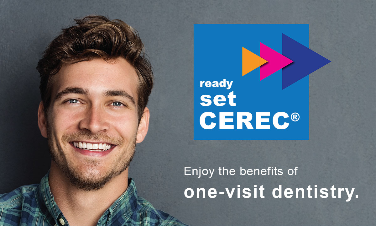 The image features a man smiling at the camera against a blue background with a graphic design overlay that includes text and logos, advertising dental services and promoting a website for a dental clinic.